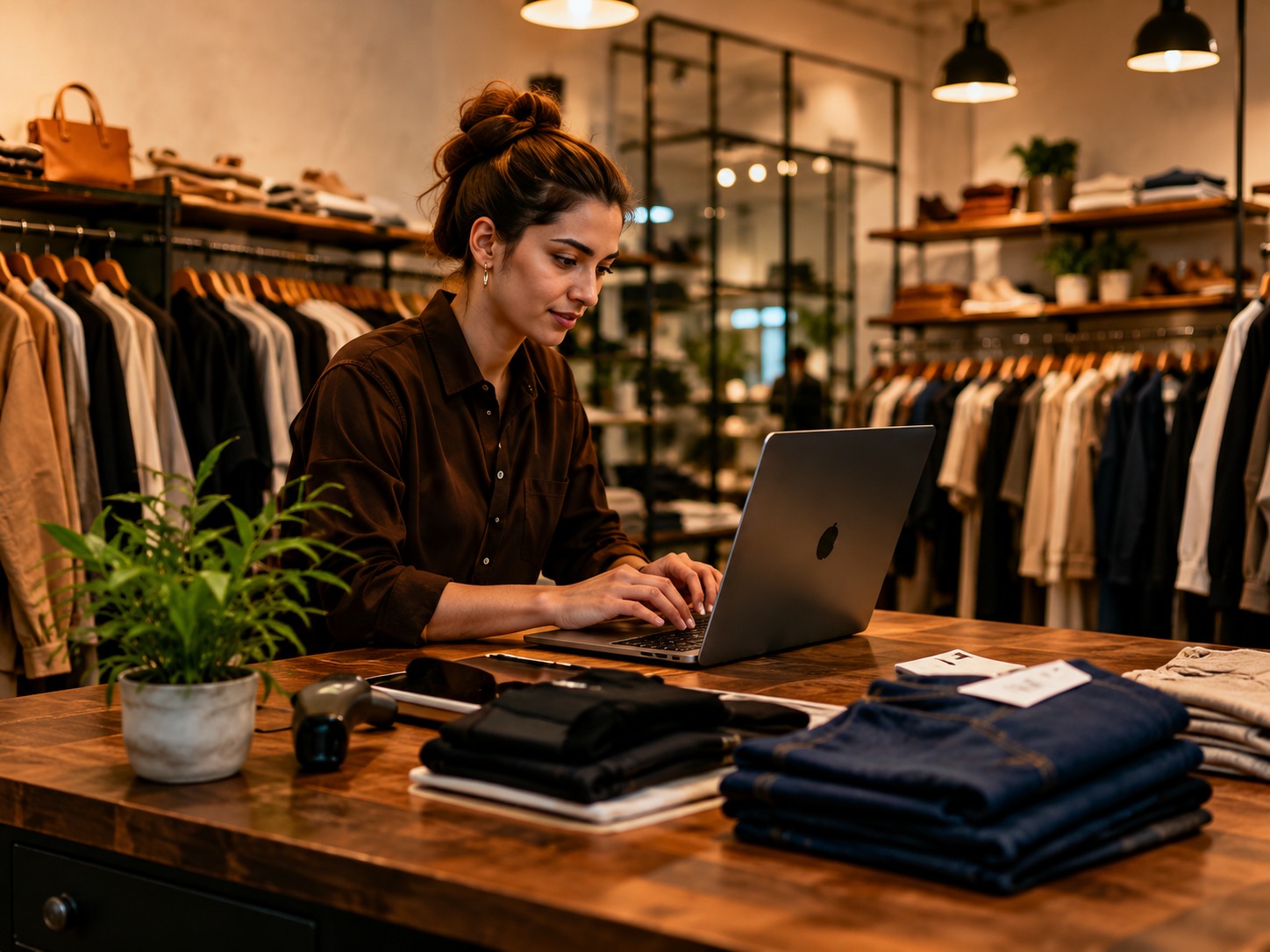 Retail owner managing inventory on a laptop inside a boutique