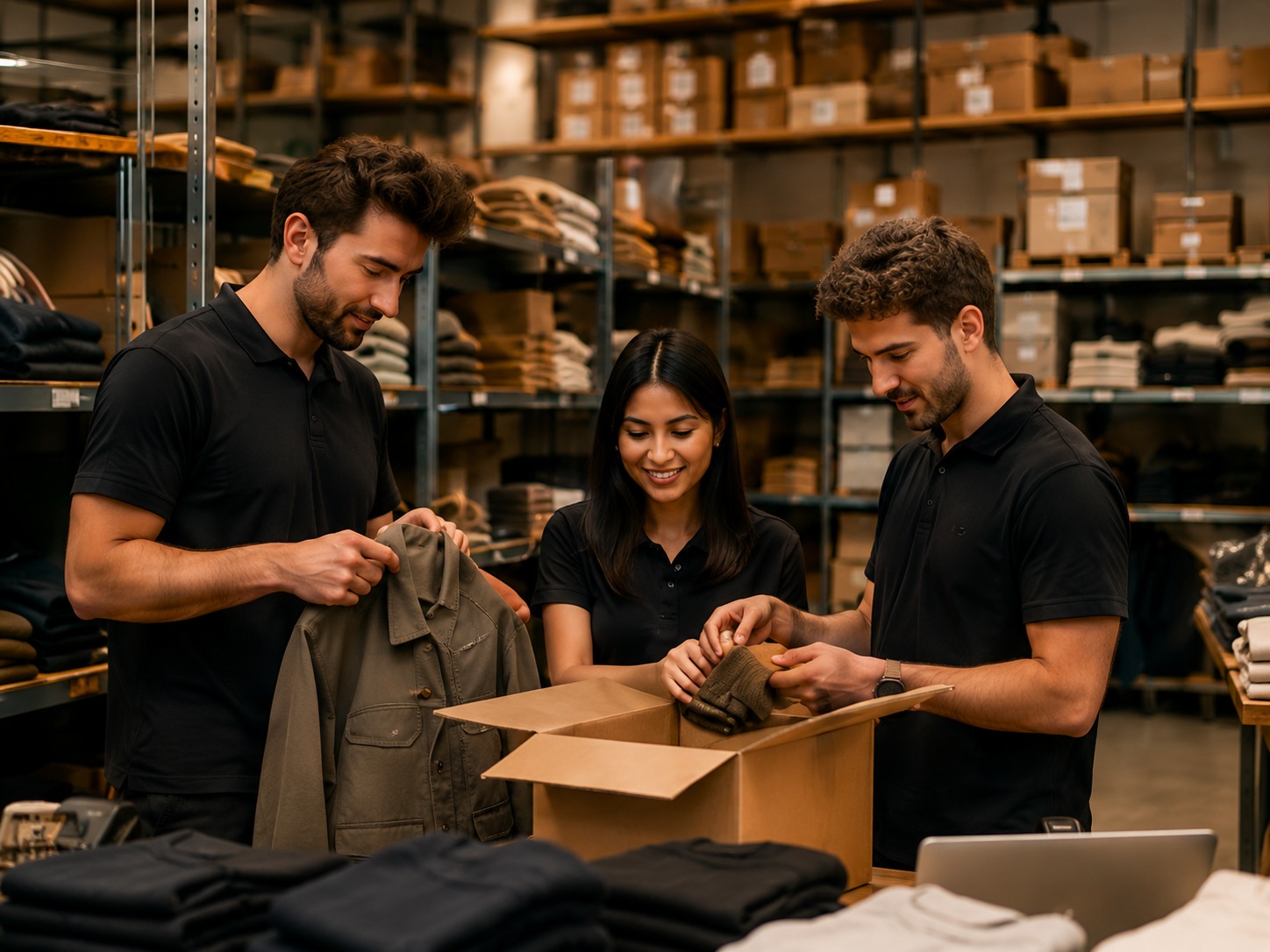Retail team checking product tags and inventory in a stockroom