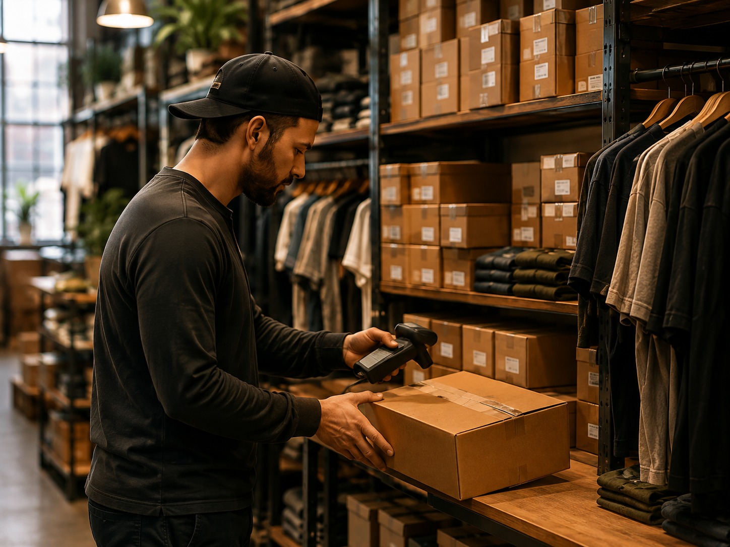 Retail employee receiving and checking purchase order boxes in a stockroom