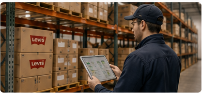 Warehouse associate reviewing vendor inventory on a tablet